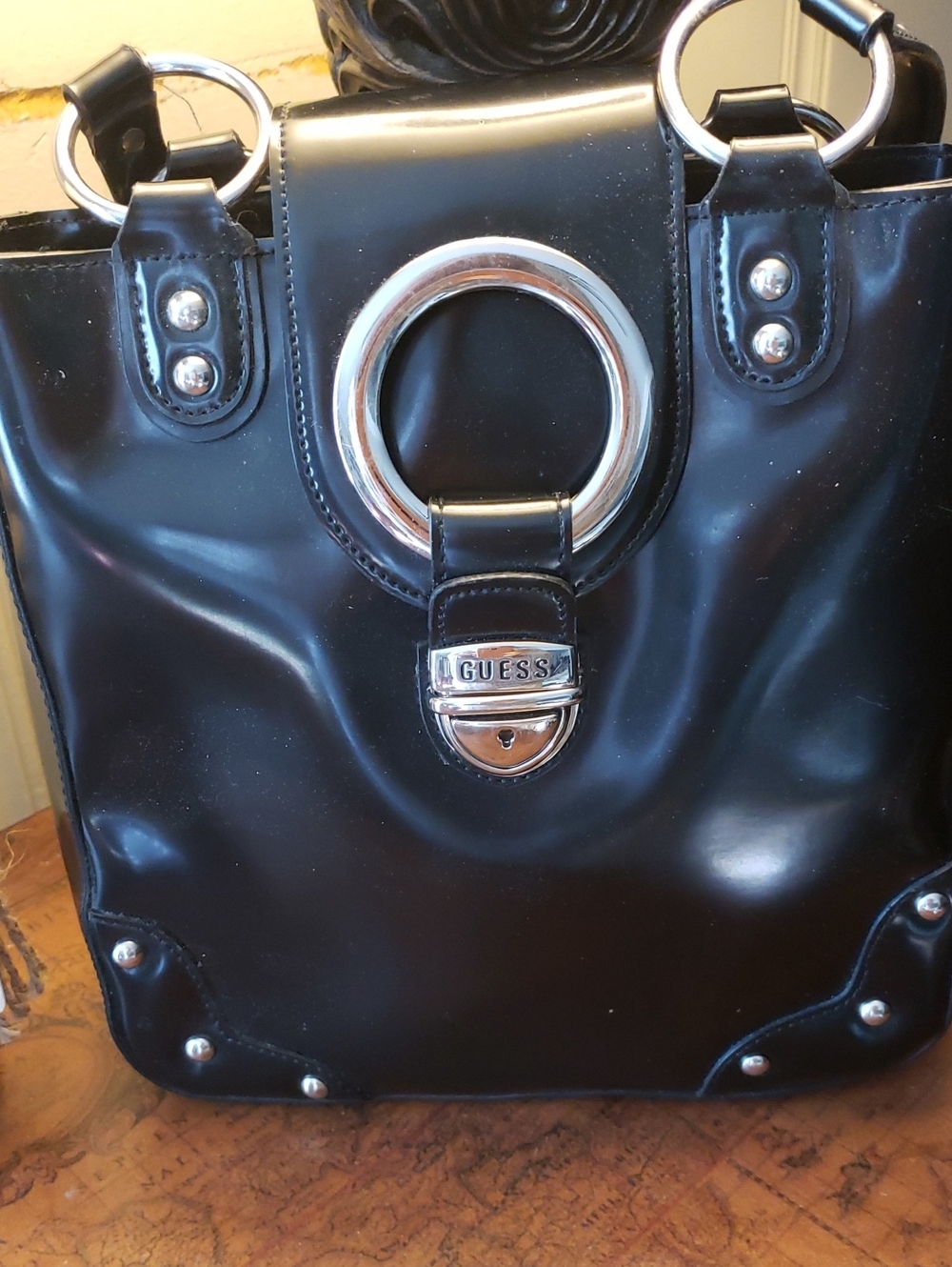 VINTAGE GUESS Black Patent Shoulder Bag with Silver Ring Accent